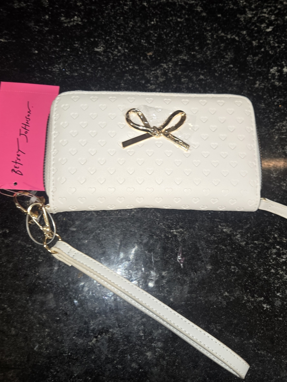 Betsey Johnson White Heart-Embossed Wristlet Wallet with Gold Bow